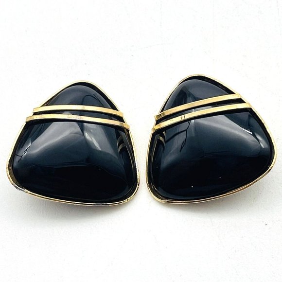 Unbranded Jewelry - Black Enameled Triangle Earrings Clip On Gold Plated Pinstripes Classic Career